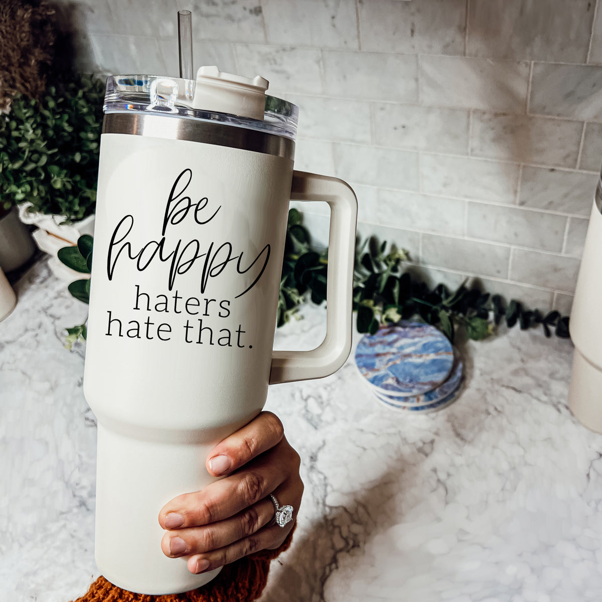 Be Happy 40oz Insulated Mug – Stainless Steel Travel Tumbler with 3-in-1 Lid