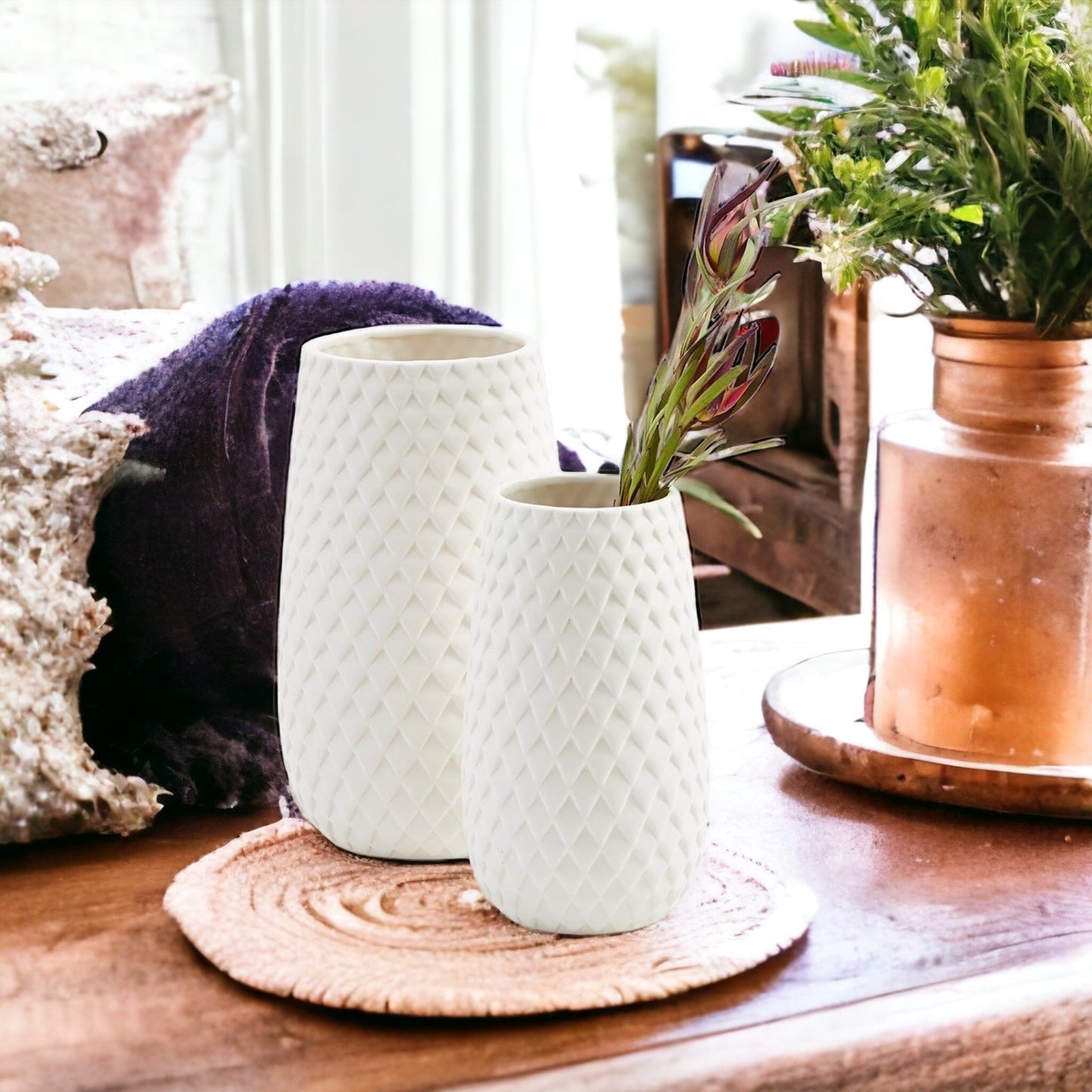 Diamond Weave White Vase – Modern Decorative Vase in Dolomite